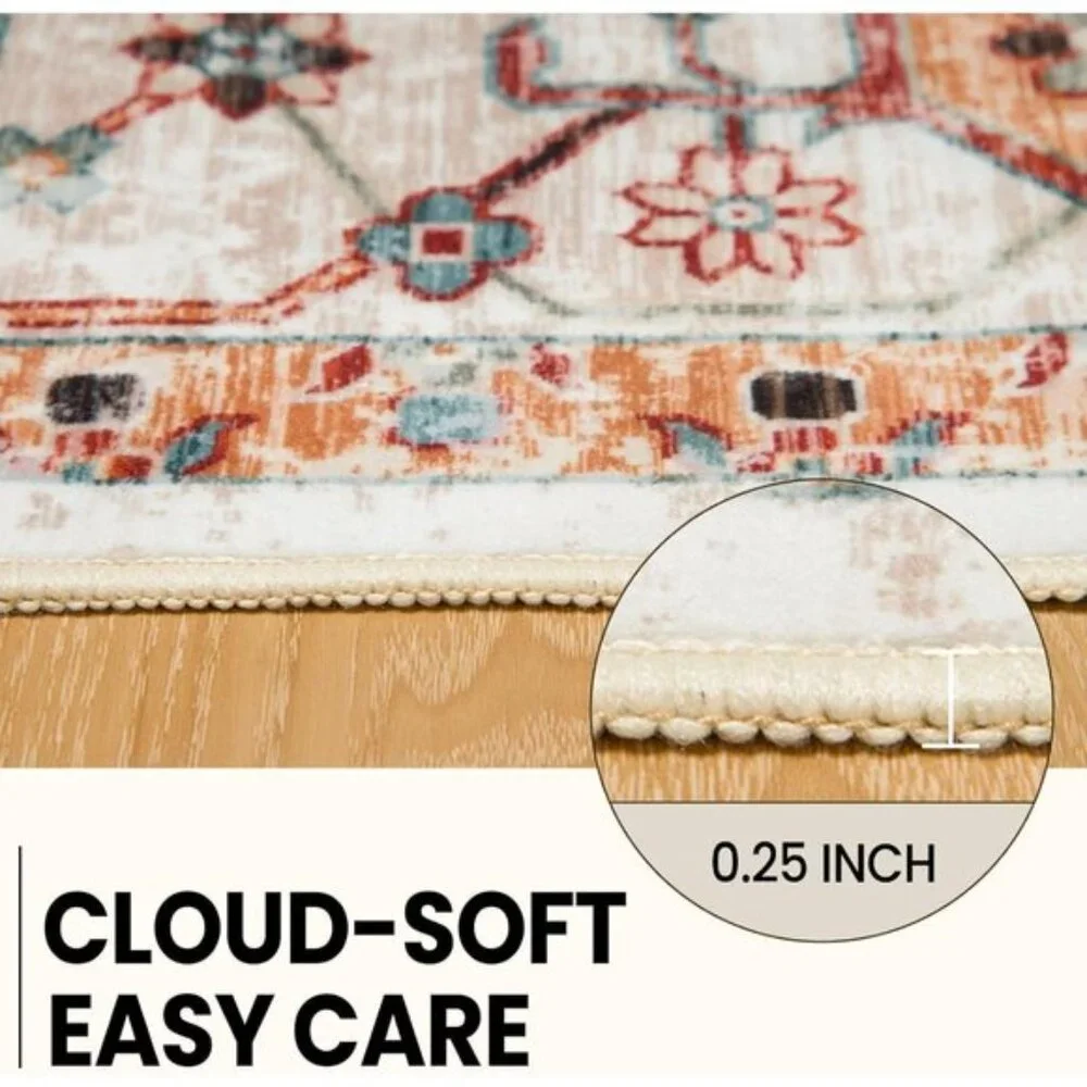 5x7 Washable Area Rug, Yellow/Brown Vintage Low-Pile Non-Slip Carpet for Home